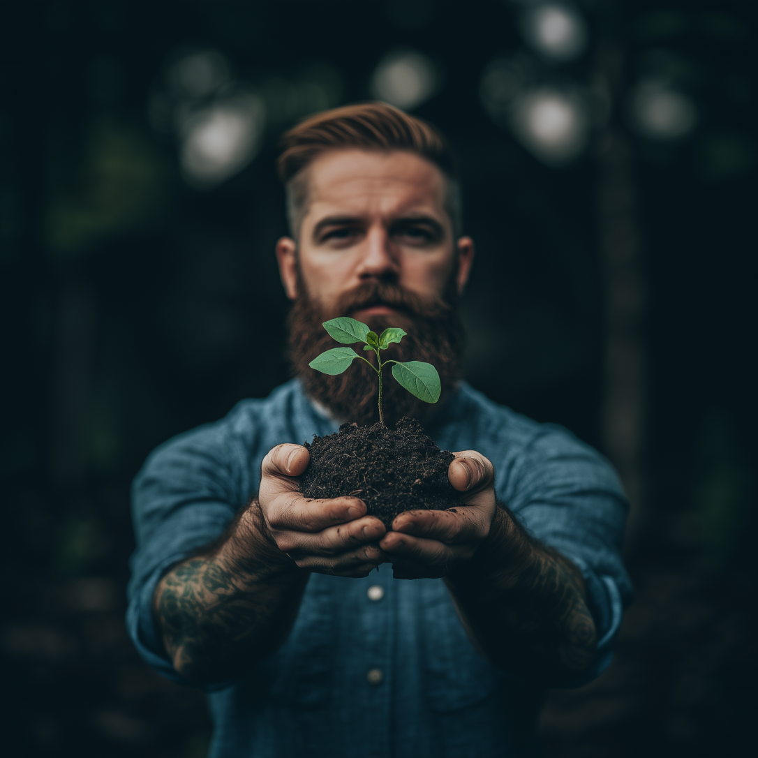 Man met baard die een plant vasthoudt